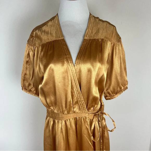 Anthropologie Maeve Silky Gold Orange Mini Wrap Dress Size M - Picture 3 of 5